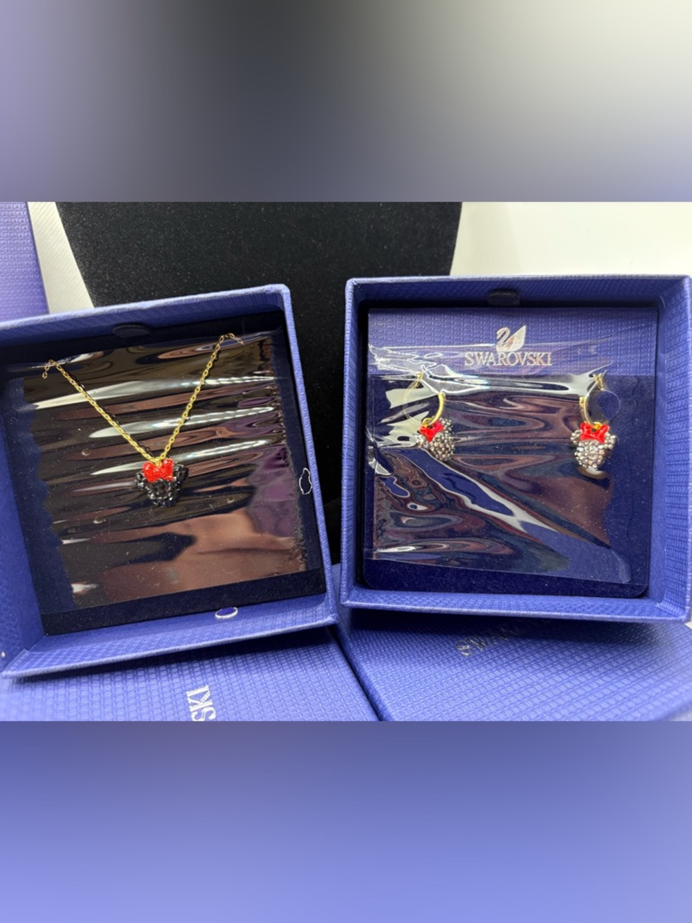 Swarovski Black Crystal Minnie Pendant with Red Bow on Gold Chain